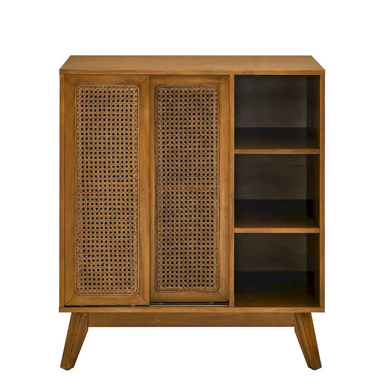 Buffet Bahut Rotin Moderne Milieu de Siècle, Buffet, Étagère Réglable & Pieds en Bois Massif & Portes de Placard en Rotin