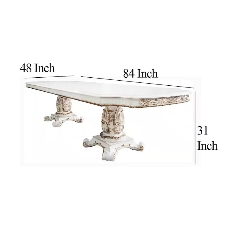 Table de salle à manger, double piédestal, 84-120 pouces blanc perle antique
