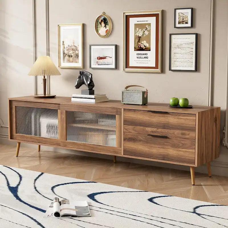 Meuble TV moderne pour téléviseur 75"+, Console TV avec 2 portes en verre, Meuble de rangement avec 2 tiroirs et armoire de rangement