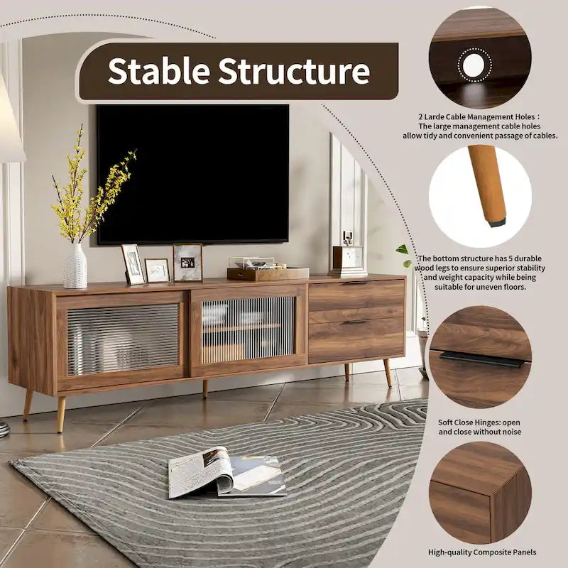 Meuble TV moderne pour téléviseur 75"+, Console TV avec 2 portes en verre, Meuble de rangement avec 2 tiroirs et armoire de rangement
