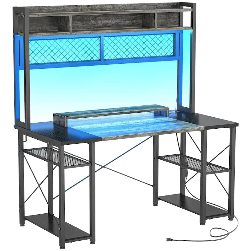 Bureau de Gamer avec Station de Charge et Lumière LED, Table d'Ordinateur avec Étagère Supérieure et Étagères de Rangement