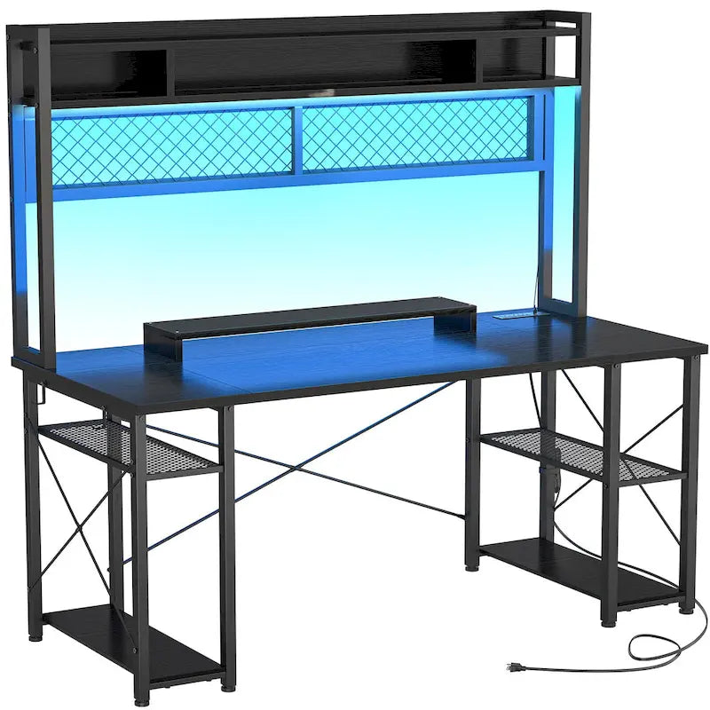 Bureau de Gamer avec Station de Charge et Lumière LED, Table d'Ordinateur avec Étagère Supérieure et Étagères de Rangement