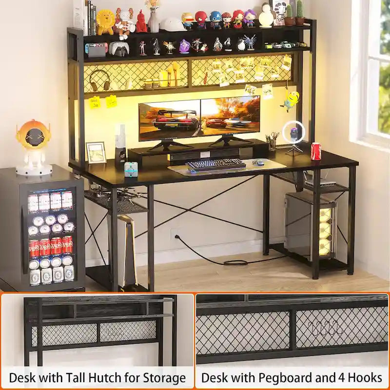 Bureau de Gamer avec Station de Charge et Lumière LED, Table d'Ordinateur avec Étagère Supérieure et Étagères de Rangement