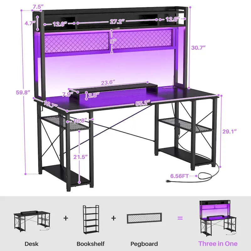 Bureau de Gamer avec Station de Charge et Lumière LED, Table d'Ordinateur avec Étagère Supérieure et Étagères de Rangement