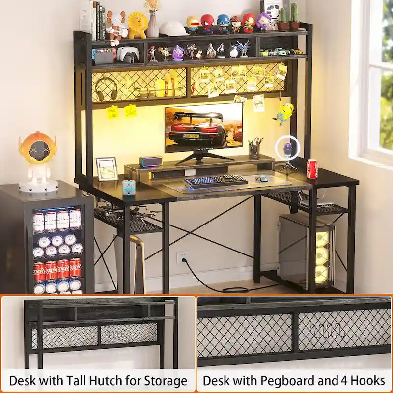 Bureau de Gamer avec Station de Charge et Lumière LED, Table d'Ordinateur avec Étagère Supérieure et Étagères de Rangement
