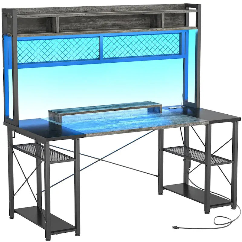 Bureau de Gamer avec Station de Charge et Lumière LED, Table d'Ordinateur avec Étagère Supérieure et Étagères de Rangement
