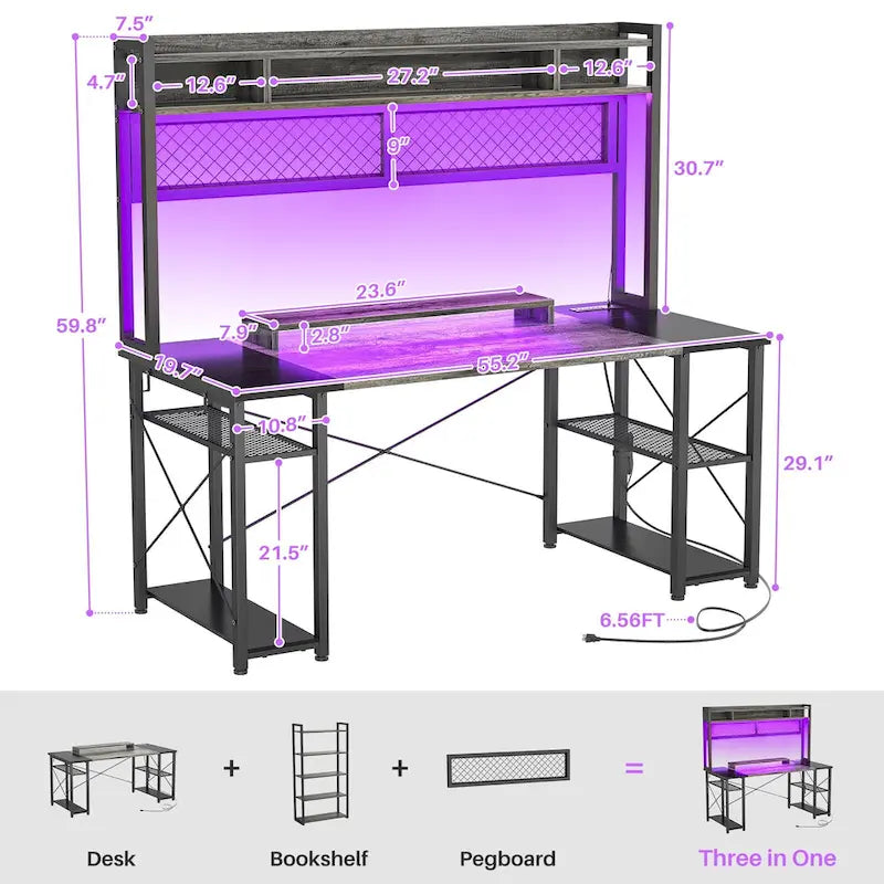 Bureau de Gamer avec Station de Charge et Lumière LED, Table d'Ordinateur avec Étagère Supérieure et Étagères de Rangement
