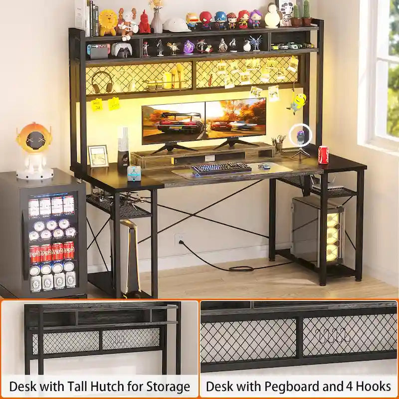 Bureau de Gamer avec Station de Charge et Lumière LED, Table d'Ordinateur avec Étagère Supérieure et Étagères de Rangement