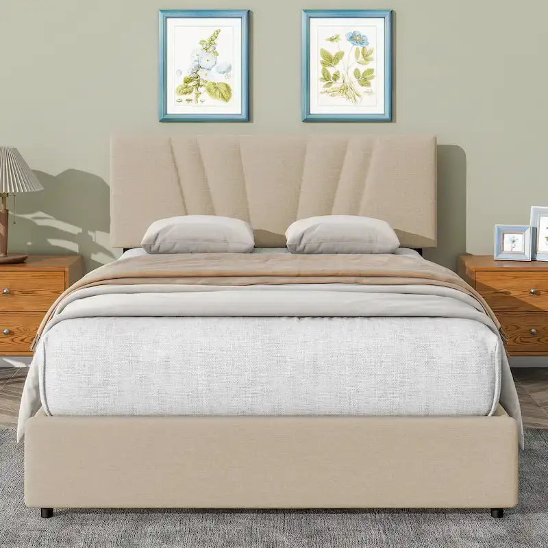Lit plateforme entièrement tapissé beige avec rangement à vérins hydrauliques et tête de lit capitonnée - Idéal pour tous les âges
