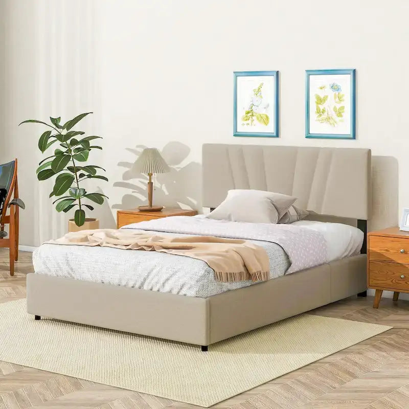 Lit plateforme entièrement tapissé beige avec rangement à vérins hydrauliques et tête de lit capitonnée - Idéal pour tous les âges