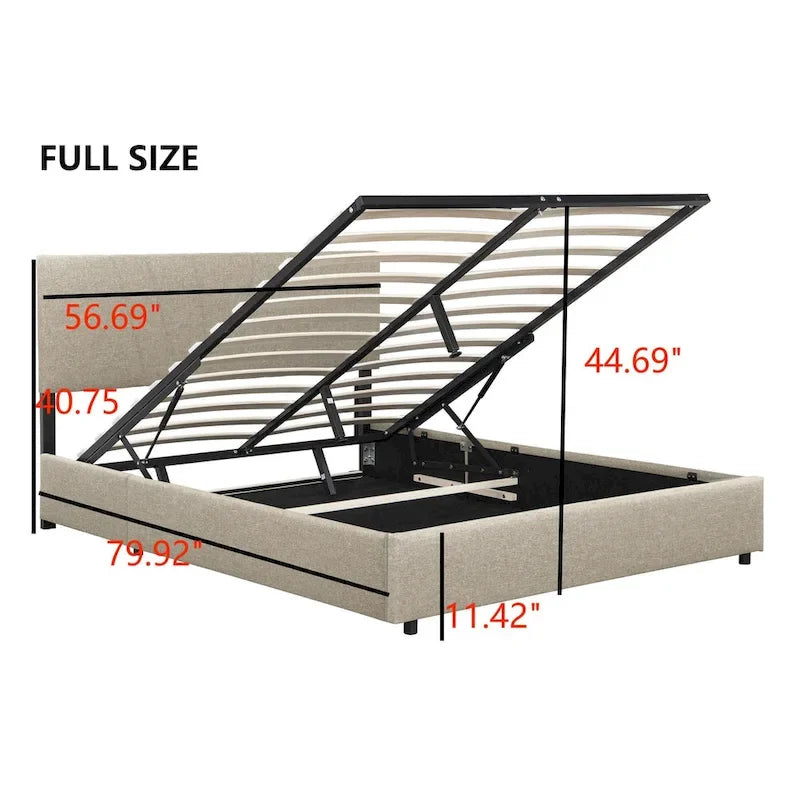 Lit plateforme entièrement tapissé beige avec rangement à vérins hydrauliques et tête de lit capitonnée - Idéal pour tous les âges
