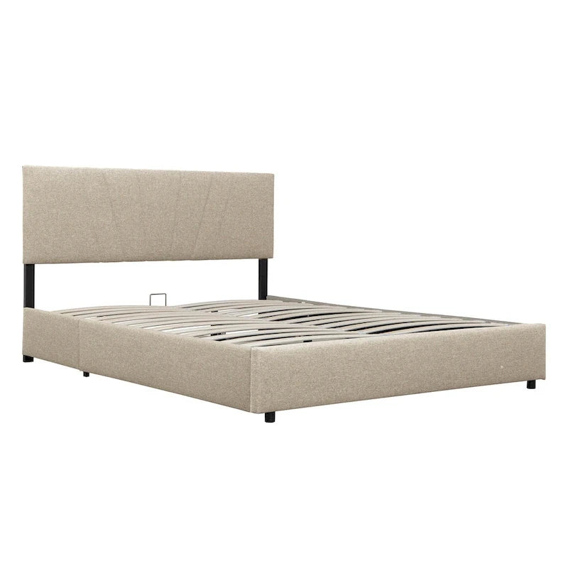 Lit plateforme entièrement tapissé beige avec rangement à vérins hydrauliques et tête de lit capitonnée - Idéal pour tous les âges