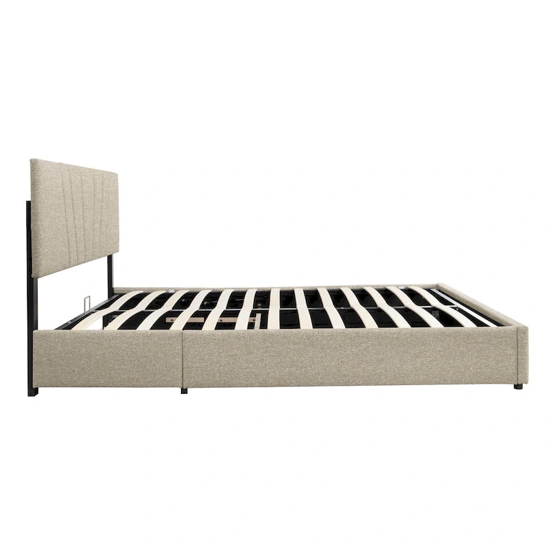 Lit plateforme entièrement tapissé beige avec rangement à vérins hydrauliques et tête de lit capitonnée - Idéal pour tous les âges