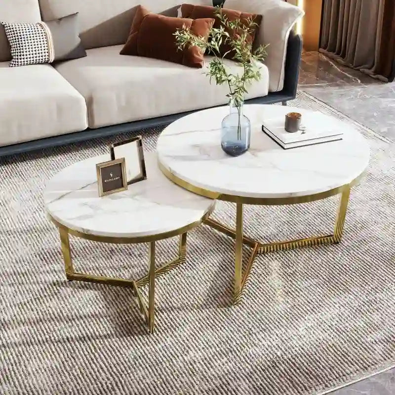 Table basse ronde moderne – Plateau effet marbre et piètement doré
