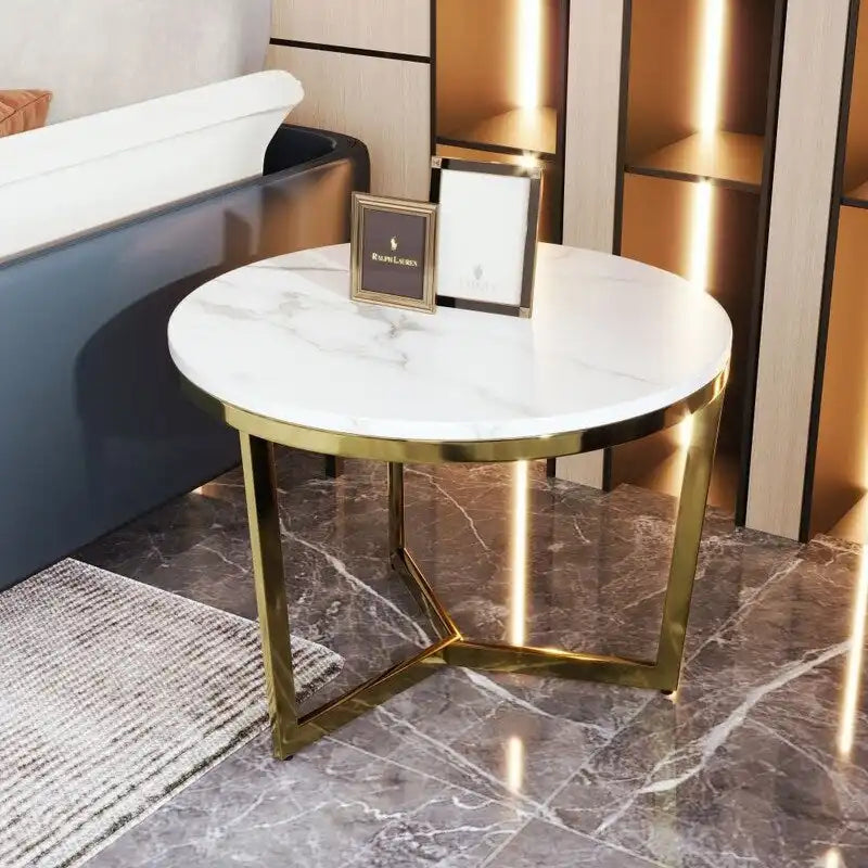 Table basse ronde moderne – Plateau effet marbre et piètement doré