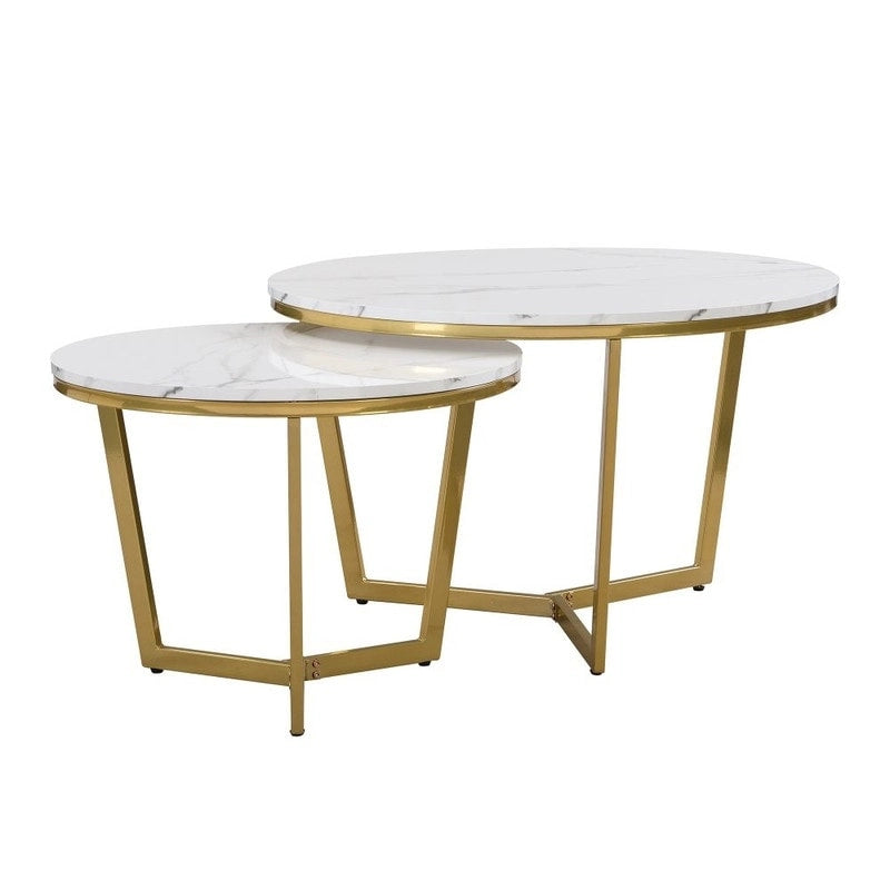 Table basse ronde moderne – Plateau effet marbre et piètement doré