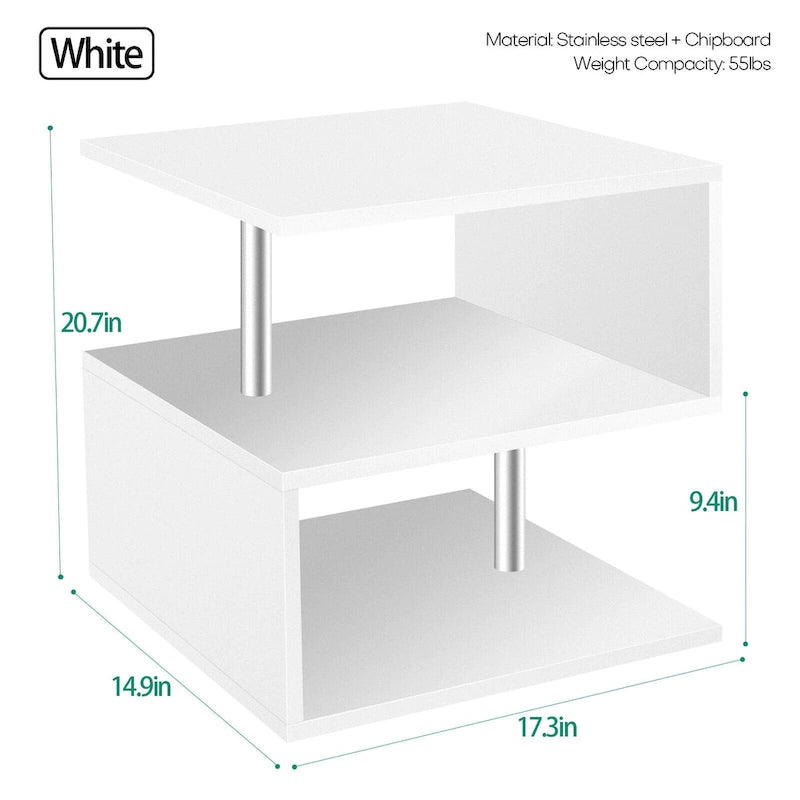 Table d'appoint ou table basse en S à 3 niveaux avec étagère de rangement - 52,6 cm (H) x 43,9 cm (L) x 37,8 cm (P)