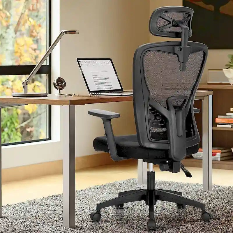 Chaise de bureau à dossier haut en maille avec appui-tête réglable, accoudoirs et fonction d'inclinaison pivotante