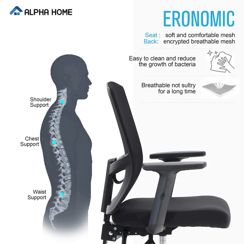 Chaise de bureau à dossier haut en maille avec appui-tête réglable, accoudoirs et fonction d'inclinaison pivotante