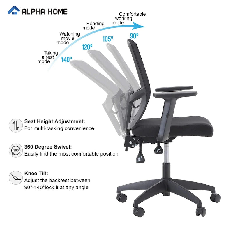 Chaise de bureau à dossier haut en maille avec appui-tête réglable, accoudoirs et fonction d'inclinaison pivotante