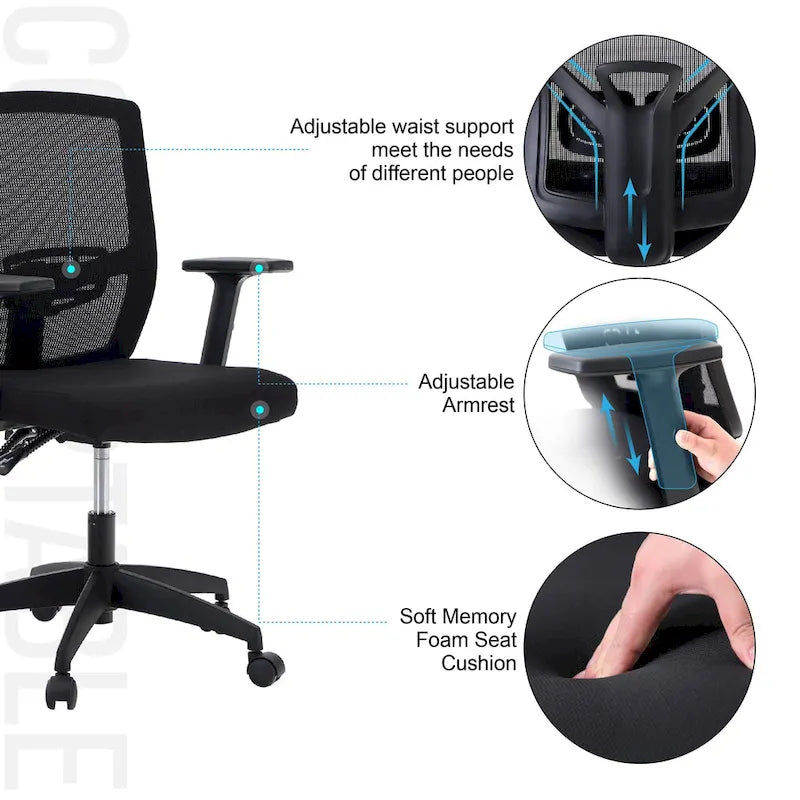 Chaise de bureau à dossier haut en maille avec appui-tête réglable, accoudoirs et fonction d'inclinaison pivotante