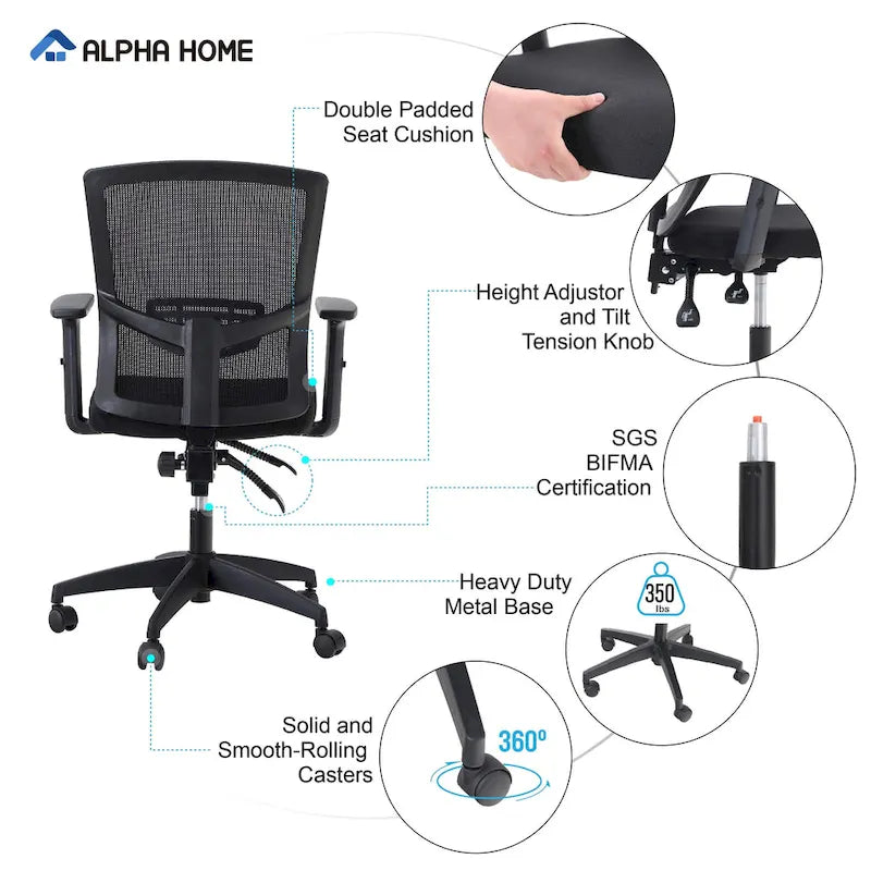 Chaise de bureau à dossier haut en maille avec appui-tête réglable, accoudoirs et fonction d'inclinaison pivotante