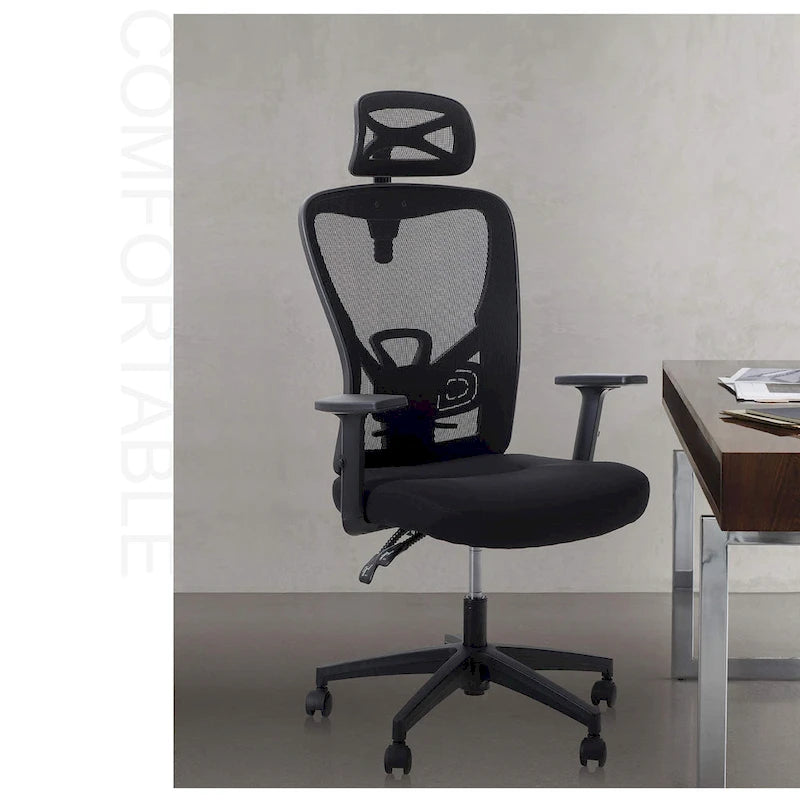 Chaise de bureau à dossier haut en maille avec appui-tête réglable, accoudoirs et fonction d'inclinaison pivotante
