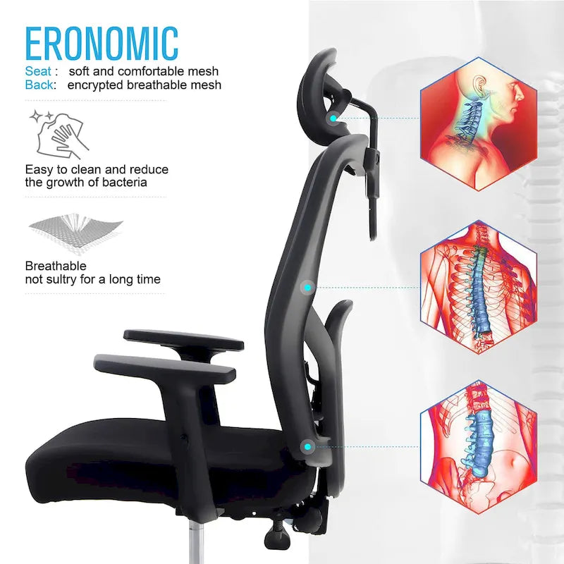 Chaise de bureau à dossier haut en maille avec appui-tête réglable, accoudoirs et fonction d'inclinaison pivotante