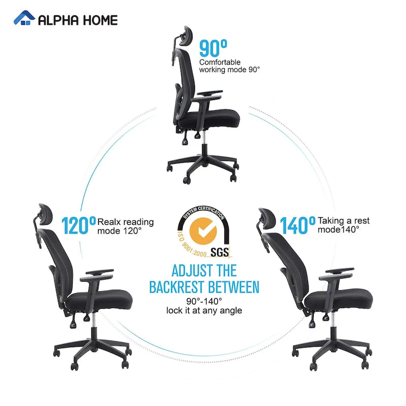Chaise de bureau à dossier haut en maille avec appui-tête réglable, accoudoirs et fonction d'inclinaison pivotante
