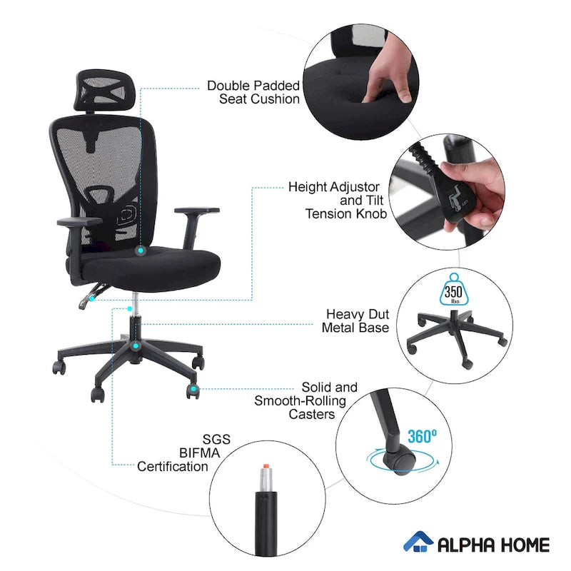 Chaise de bureau à dossier haut en maille avec appui-tête réglable, accoudoirs et fonction d'inclinaison pivotante