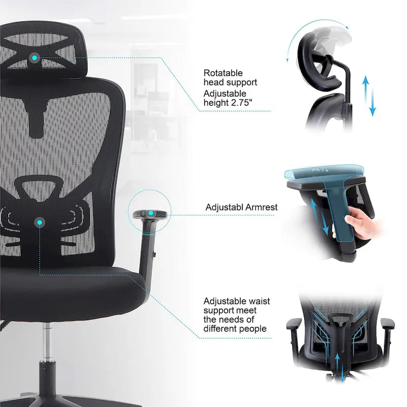 Chaise de bureau à dossier haut en maille avec appui-tête réglable, accoudoirs et fonction d'inclinaison pivotante