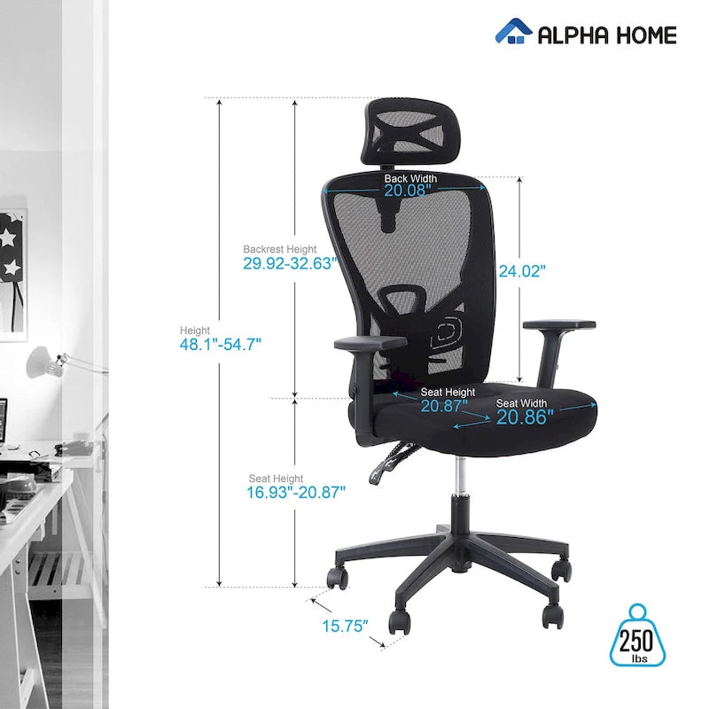 Chaise de bureau à dossier haut en maille avec appui-tête réglable, accoudoirs et fonction d'inclinaison pivotante