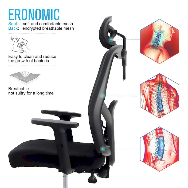 Chaise de bureau à dossier haut en maille avec appui-tête réglable, accoudoirs et fonction d'inclinaison pivotante