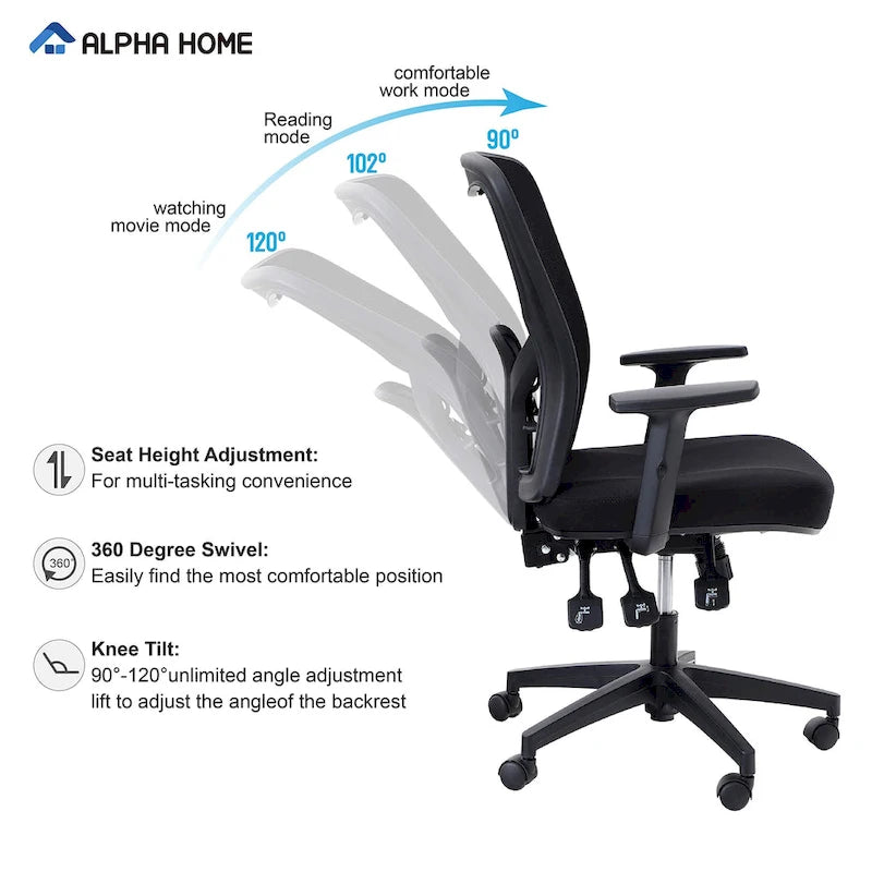 Chaise de bureau à dossier haut en maille avec appui-tête réglable, accoudoirs et fonction d'inclinaison pivotante