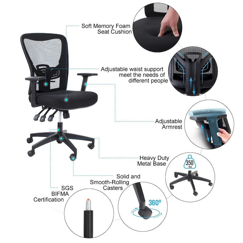 Chaise de bureau à dossier haut en maille avec appui-tête réglable, accoudoirs et fonction d'inclinaison pivotante