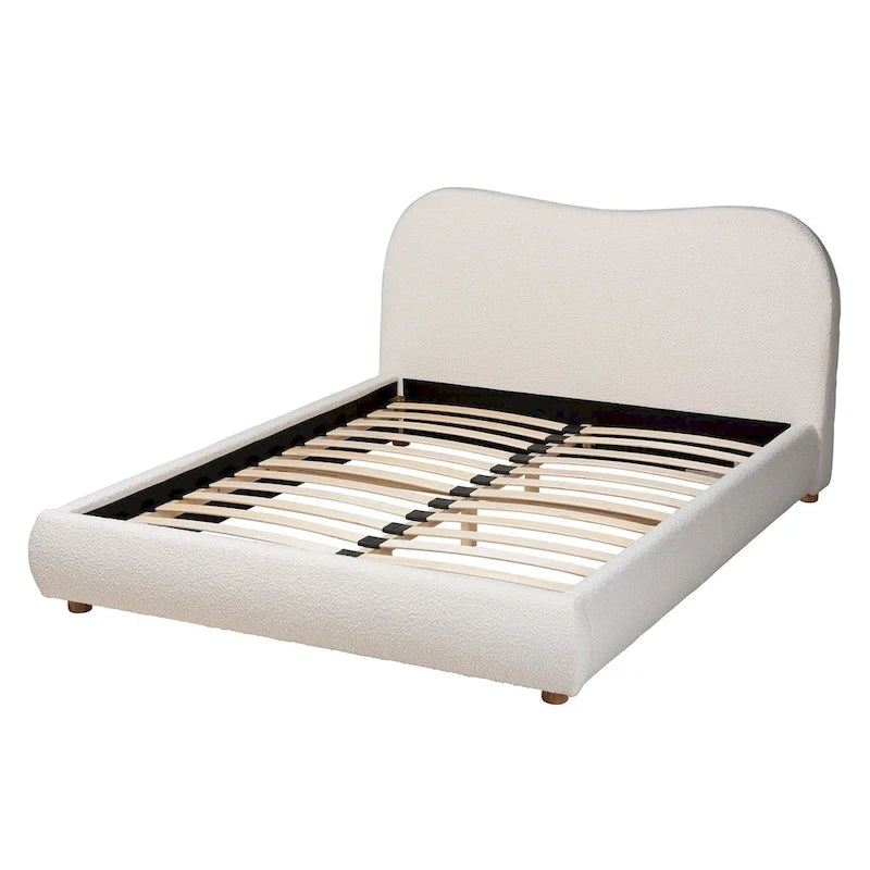 Lit plateforme Queen en tissu bouclé crème et bois de chêne finition marron, style Mid-Century Modern