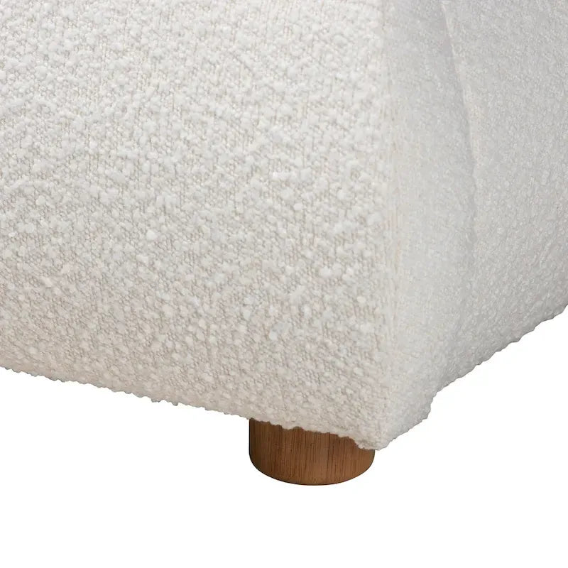 Lit plateforme Queen en tissu bouclé crème et bois de chêne finition marron, style Mid-Century Modern