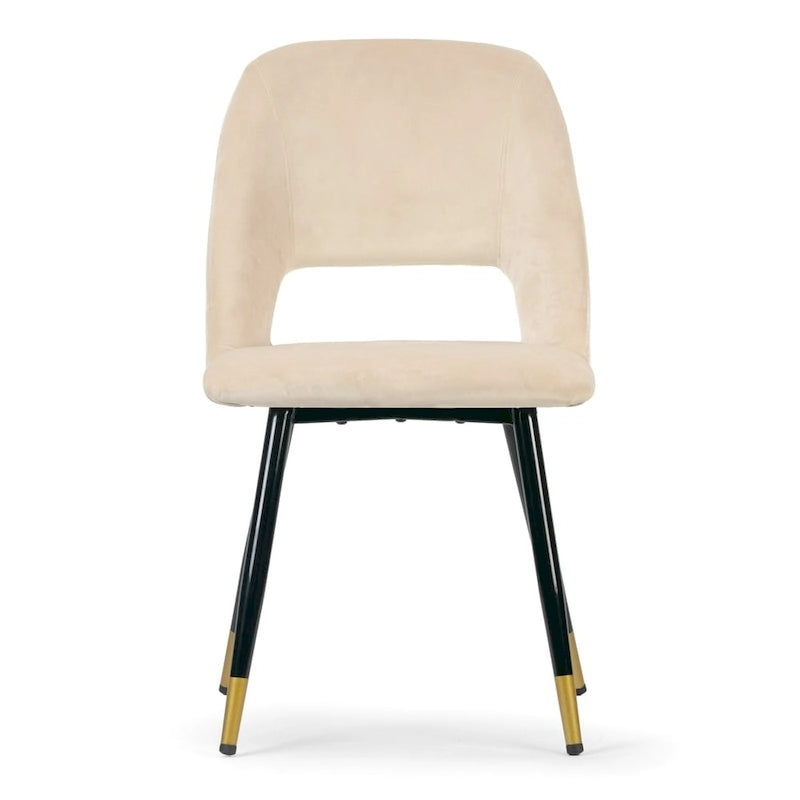 Chaise de salle à manger en velours beige avec pieds aux accents dorés