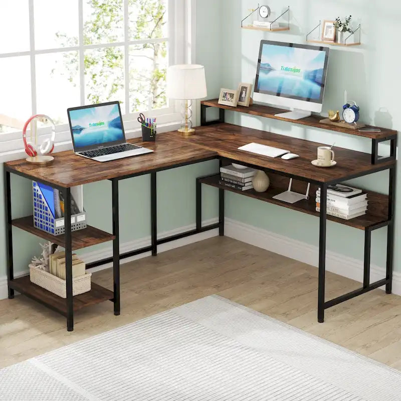Bureau d'angle en L de 59 pouces avec support d'écran et étagère de rangement, grand bureau réversible pour la maison ou le bureau