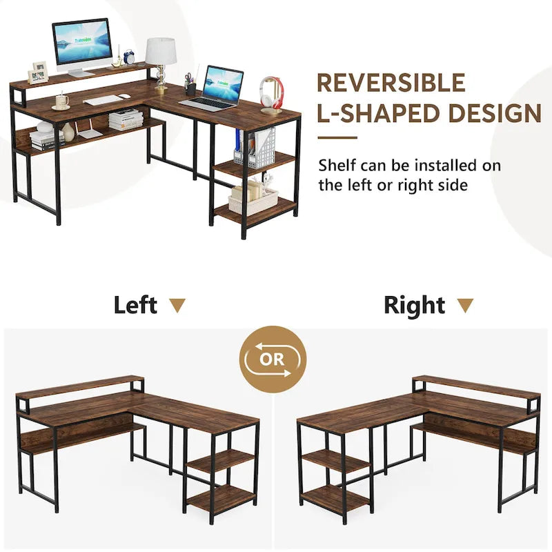 Bureau d'angle en L de 59 pouces avec support d'écran et étagère de rangement, grand bureau réversible pour la maison ou le bureau