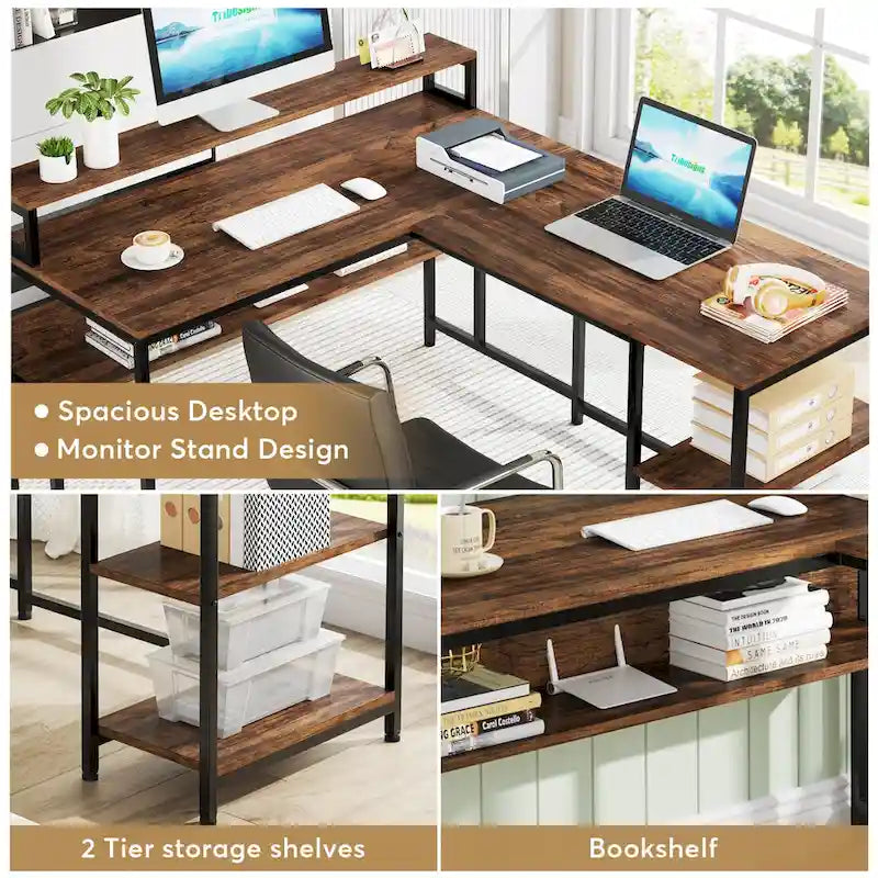 Bureau d'angle en L de 59 pouces avec support d'écran et étagère de rangement, grand bureau réversible pour la maison ou le bureau