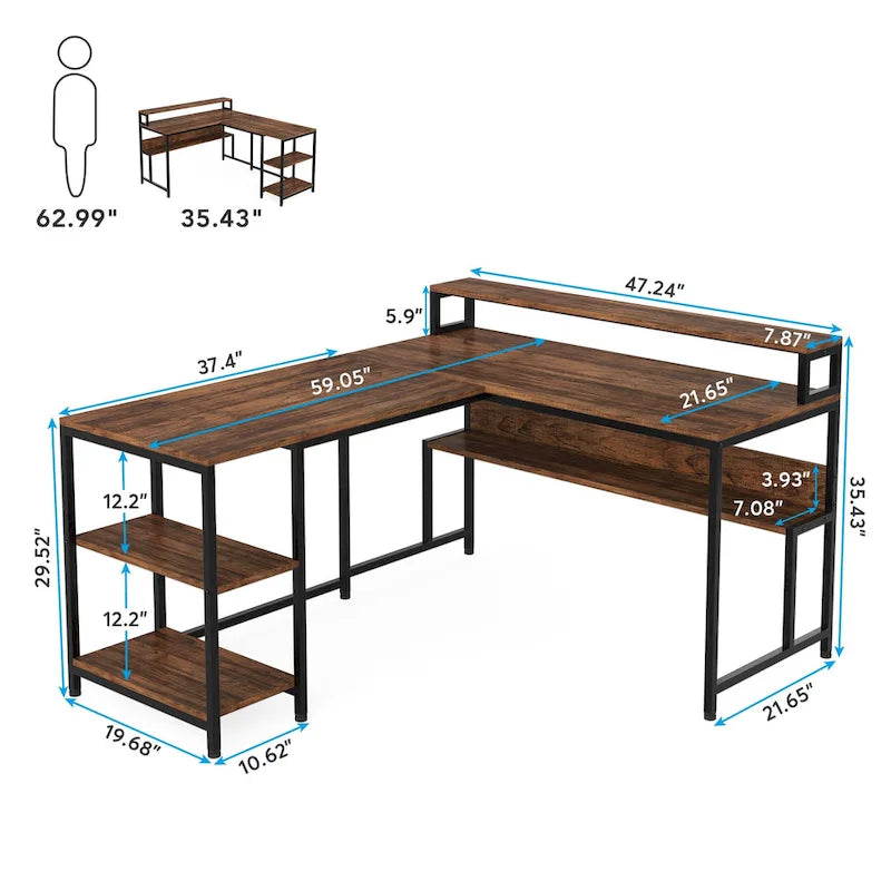 Bureau d'angle en L de 59 pouces avec support d'écran et étagère de rangement, grand bureau réversible pour la maison ou le bureau