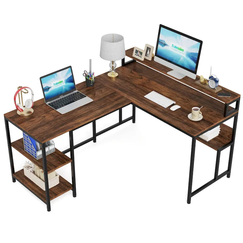 Bureau d'angle en L de 59 pouces avec support d'écran et étagère de rangement, grand bureau réversible pour la maison ou le bureau