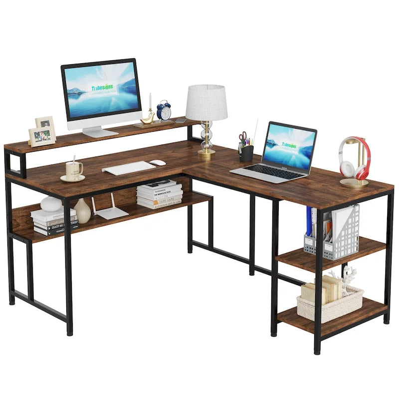 Bureau d'angle en L de 59 pouces avec support d'écran et étagère de rangement, grand bureau réversible pour la maison ou le bureau