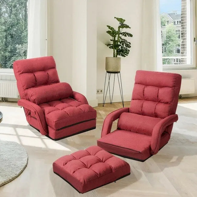 Fauteuil de sol pliant paresseux avec accoudoirs et oreiller - Rouge - 22 x 26 x 29 (L x l x H)