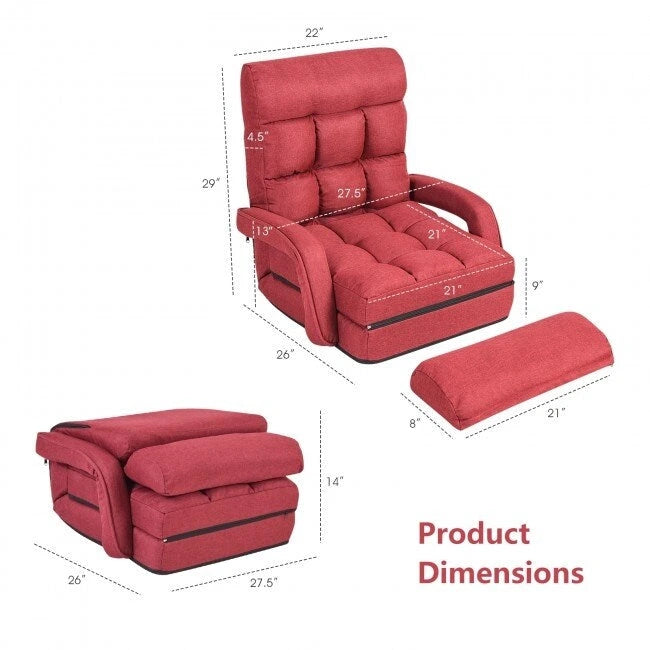 Fauteuil de sol pliant paresseux avec accoudoirs et oreiller - Rouge - 22 x 26 x 29 (L x l x H)