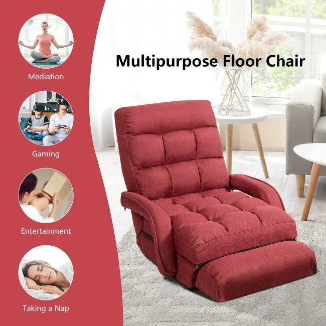 Fauteuil de sol pliant paresseux avec accoudoirs et oreiller - Rouge - 22 x 26 x 29 (L x l x H)