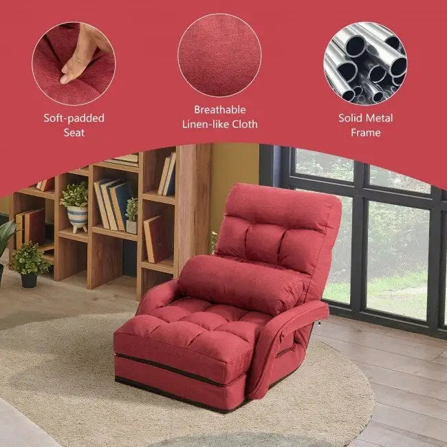 Fauteuil de sol pliant paresseux avec accoudoirs et oreiller - Rouge - 22 x 26 x 29 (L x l x H)