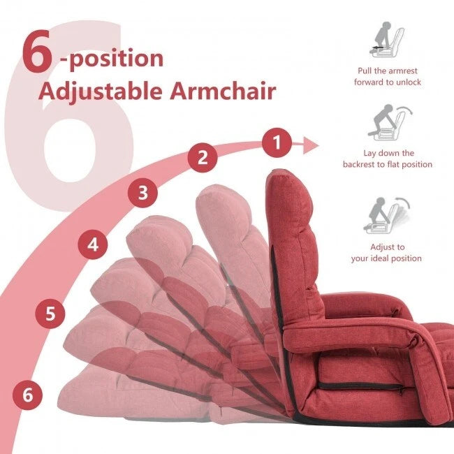 Fauteuil de sol pliant paresseux avec accoudoirs et oreiller - Rouge - 22 x 26 x 29 (L x l x H)