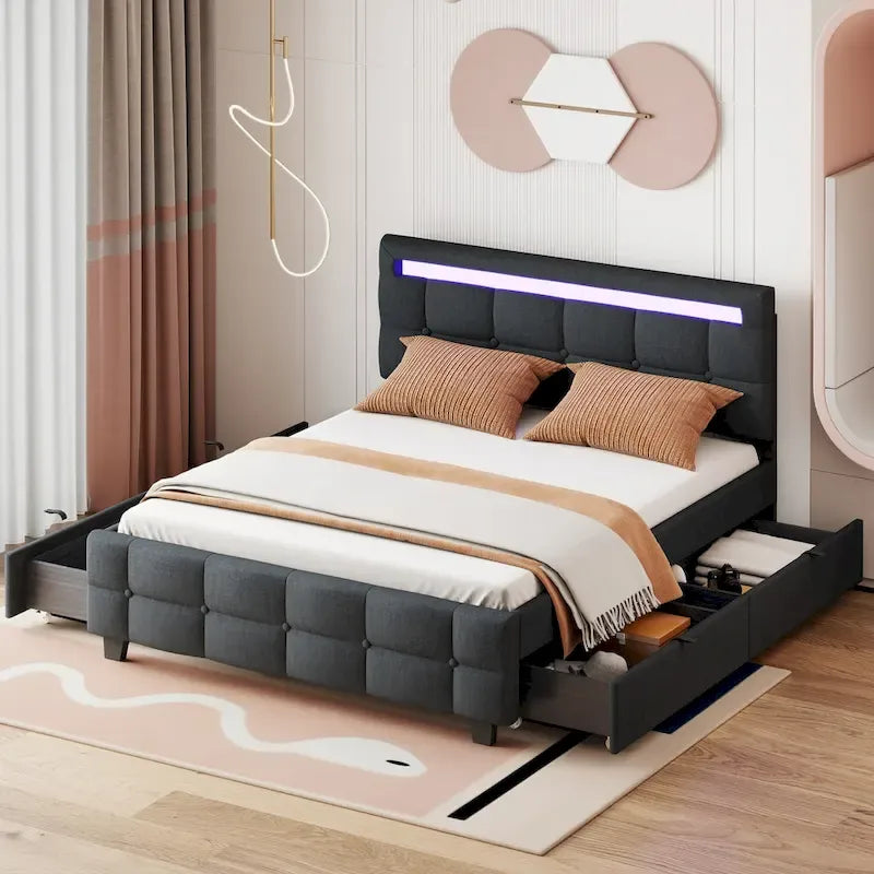 Lit plateforme capitonné avec cadre LED et 4 tiroirs, tissu en lin